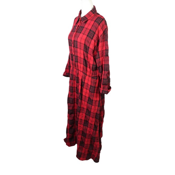 Vintage 80s Lew Magram red and black plaid midi shirt dress 14 - Picture 3 of 8